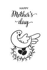Illustration greeting card for mother's day in doodle style. Mom is a bird and eggs. Congratulatory inscription.Black lines on a white background. Simple laconic style.