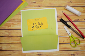 how to make a DIY Easter card from cardboard, step 2, Step by step instruction. Making of handmade...