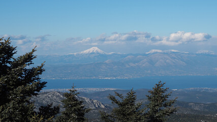Breathtaking scenic view to Evian gulf and Evia island from peak of Parnitha mountain, Greece