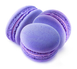 Three blueberry macaroons isolated on white background