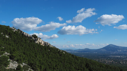 Beautiful mountain of Parnitha on a winter cloudy morning with clear blue sky, Attica, Greece