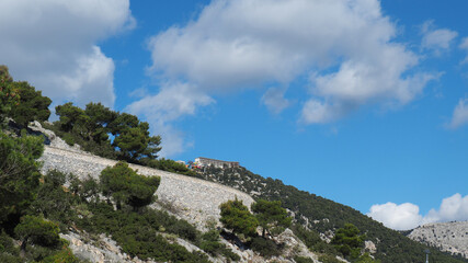 Beautiful mountain of Parnitha on a winter cloudy morning with clear blue sky, Attica, Greece
