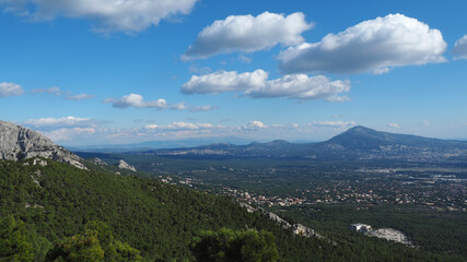 Beautiful mountain of Parnitha on a winter cloudy morning with clear blue sky, Attica, Greece