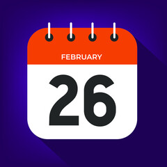 February day 26. Number twenty-six on a white paper with orange color border on purple background vector.