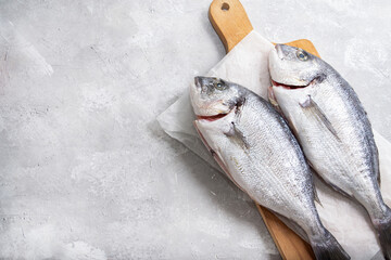 Two raw dorado fish on concrete background with copy space