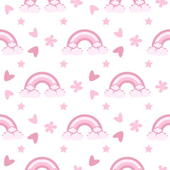 vector seamless pattern with rainbow and hearts in pink