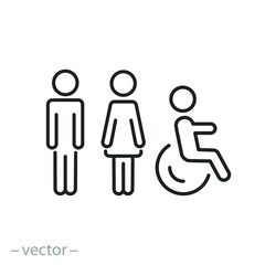 toilet signage icon, wc or bathroom for various gender, signs of men women and wheelchair for restroom, thin line symbol on white background - editable stroke vector illustration eps10

