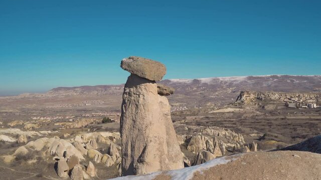 Aerial view of fairy chimneys in Cappadocia. 4K Footage in Turkey