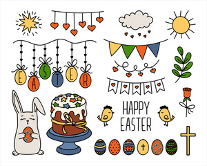 Vector Multicolor Easter Decoration Cartoon Set. Hand drawn hanging Egg Garland, Flags, Cake, Bunny, Cross, Hearts, Chick. Traditional Spring Holiday symbols for design nursery print, poster, card