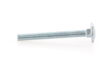 A screw with a smooth head and a square section underneath, isolated on a white background. Close-up.