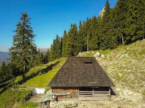 An abandoned wooden sheepfold in a beautiful pasture, surrounded by spruce forests. Autumn season. The cabin is located in a rocky, mountainous pasture.  Buila, Carpathia, Romania.