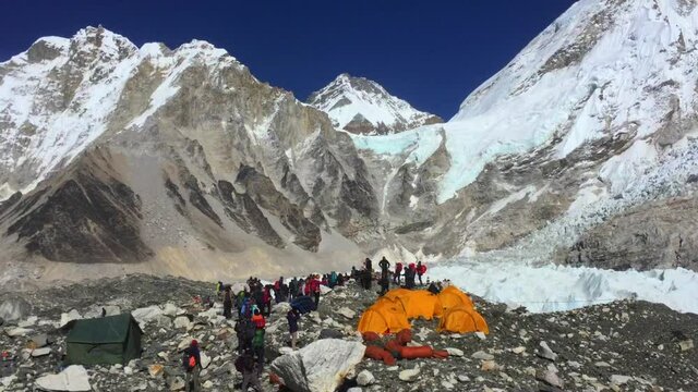 View from Mount Everest base camp, tents and prayer flags, sagarmatha national park, Nepal