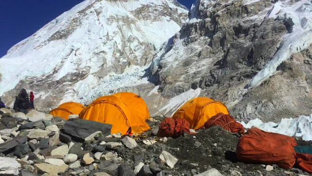 View from Mount Everest base camp, tents and prayer flags, sagarmatha national park, Nepal