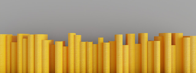 yellow books stacked vertically on gray wall with text space. 3d render