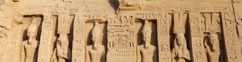 Panorama of statues at Nefertari temple in Abu Simbel