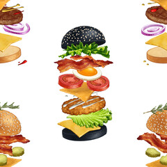 Delicious flying Hamburgers seamless pattern design. Hand drawn colorful illustration of big tasty burgers or fast food isolated on white background