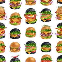 Delicious american Burgers seamless pattern for menu design. Illustration of fast food hamburgers on white background