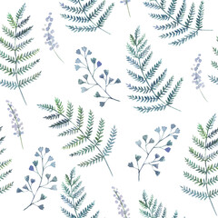 Cute seamless pattern with watercolor painted ferns. Background inspired of forest nature.