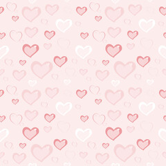 Seamless pattern with pink hearts on pale pink background for fabric, paper, scrapbooking, wrapping. Love, valentines day.