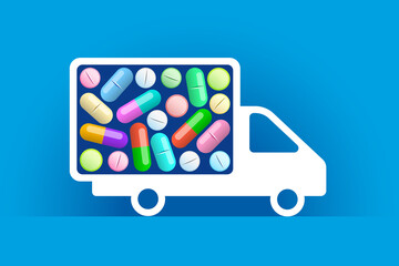 White truck icon and various capsules, tablets and pills