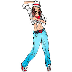 Vector illustration of young girl dancing street dance hip-hop isolated on white background. Street style jazz funk. Dance icon. Modern dance art for dance studio, shop.