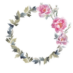 Flower wreath pink peonies, green leaves and plants. Watercolor floral clipart in white background