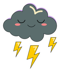 A gray cute cartoon cloud with an emoji face and smiles with lightning. Suitable for highlights, sign, icon, sticker. The element is isolated, on a white background.