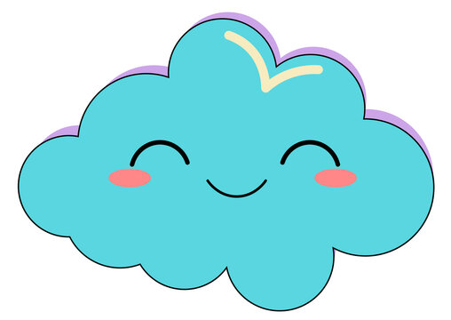A cute blue cloud with an emoji face. Suitable for sign, highlights, sticker, icon. The element is isolated, on a white background.