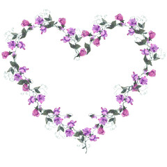 Butterfly pea flowers and leaf on background template. Hand painted watercolor heart frame of blooming floral for wedding invitations and greeting card design. Violet sweet pea isolated on white