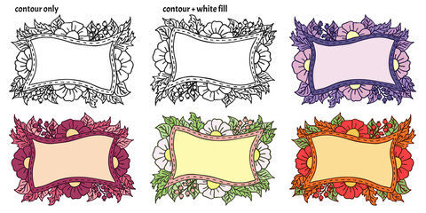 Set of six hand drawn floral frames with flowers, berries and leaves in doodle style. Different colored isolated copy space vector illustration	