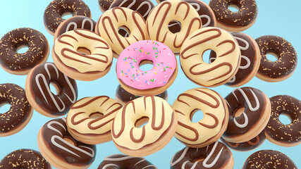 Flying doughnuts scene - mix of multi colored donuts with sprinkle on blue background. 3D Rendering