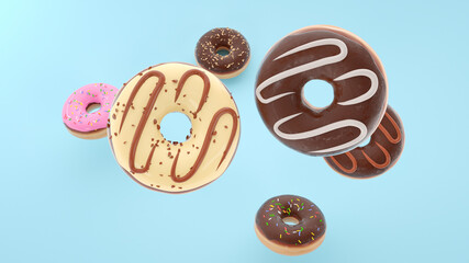 Flying doughnuts scene - mix of multi colored sweet donuts with sprinkle on blue background. 3D Rendering