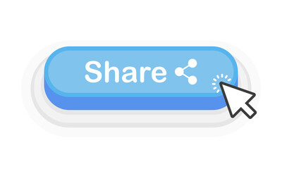 Share blue 3D button in flat style isolated on white background. Vector illustration.