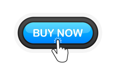 Buy Now blue realistic 3D button isolated on white background. Hand clicked. Vector illustration.
