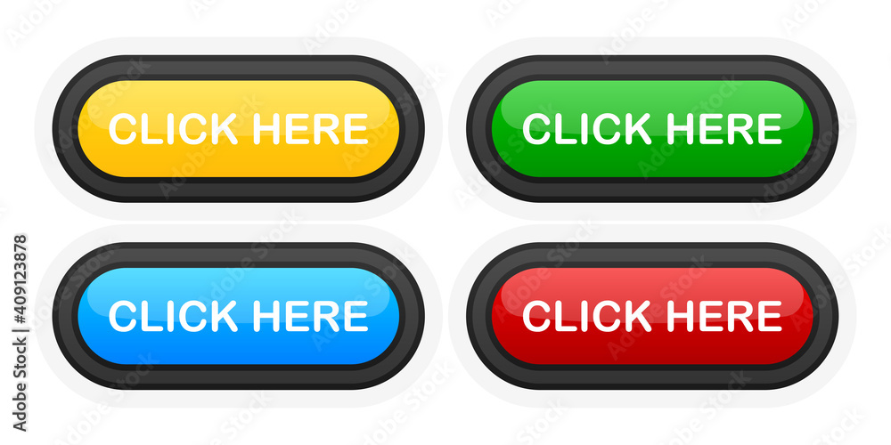 Poster click here realistic buttons in different colors on white background. vector illustration.