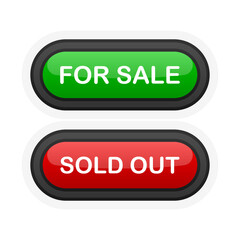 For Sale or Sold Out green or red realistic 3D button isolated on white background. Hand clicked. Vector illustration.