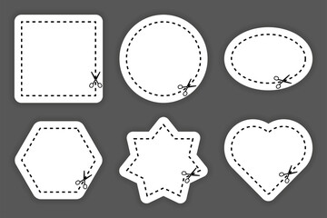 Set of scissors cutting a white shapes and lines on black background. Cut coupon. Vector illustration.