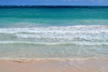 Deserted white sandy beach. Tropical holiday destination. 