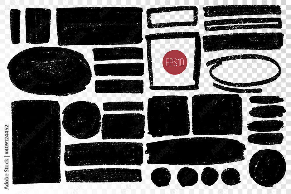 Poster hand drawn various shape set for backdrops. vector textured one color elements for designs. simple s
