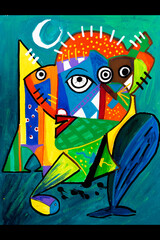 cubist face with two cats several eyes on a green background conceptual, abstract