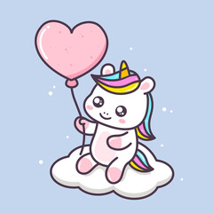 cute unicorn sitting on the cloud with balloon
