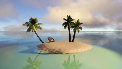 3d animation of a tropical island in the ocean. 
Airplane flight to an exotic vacation in an ideal location in the middle of the sea 