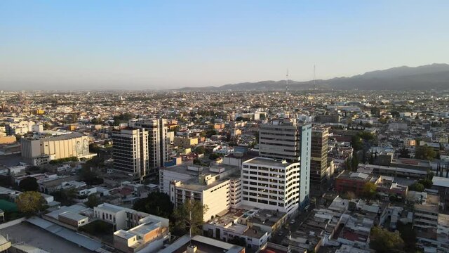 Aerial sunset shot in San Luis Potosi Mexico Carranza avenue