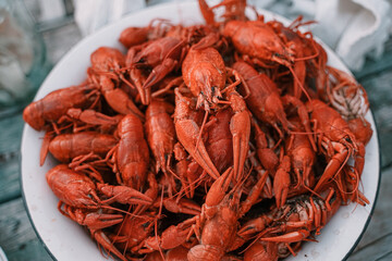 Rustic style large bowl with boiled crawfish, and on a grey-blue background