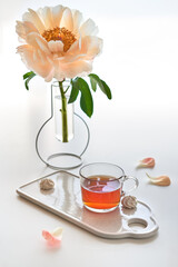 Light background with single peony flower with palm leaves in trendy modern glass tube vase on white table.