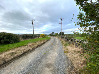 Farm track, with dry stone walls, wild plants, and bushes, on a cloudy day near, Ripponden, Yorkshire, UK