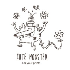 Card with  cute cartoon monster and  flowers. Vector illustration for kids. Funny doodle creature print. Line art poster.
