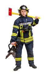 Full body young brave man in uniform of firefighter holds cordless combined tool for spreading,...