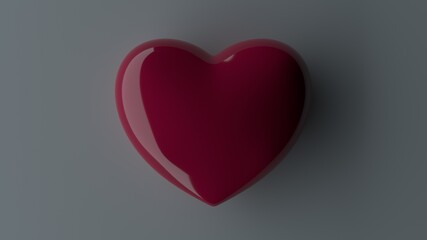 Red heart on grey background. Love symbol. Romantic background for Valentines day. Festive decoration element. 3d render illustration