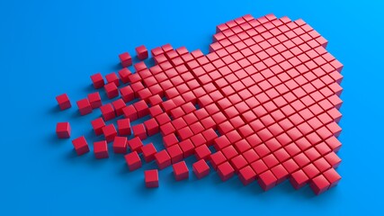 Broken red heart on blue background. Hurt and pain. Love and Valentine Day concept. Template for your design. 3d rendering